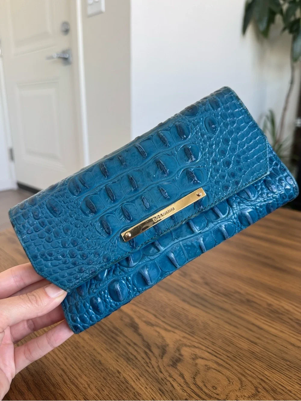 Brahmin Turquoise Croc-Embossed Leather Clutch